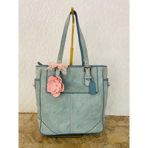 rare vtg COach gallery light blue suede LEather SHoulder BAg tote F10410 - Picture 1 of 9